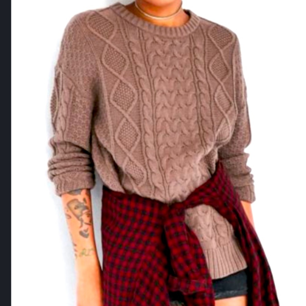 BDG Cable High/Low Crew Neck Knitted Elbow patch Pullover Brown Sweater XS